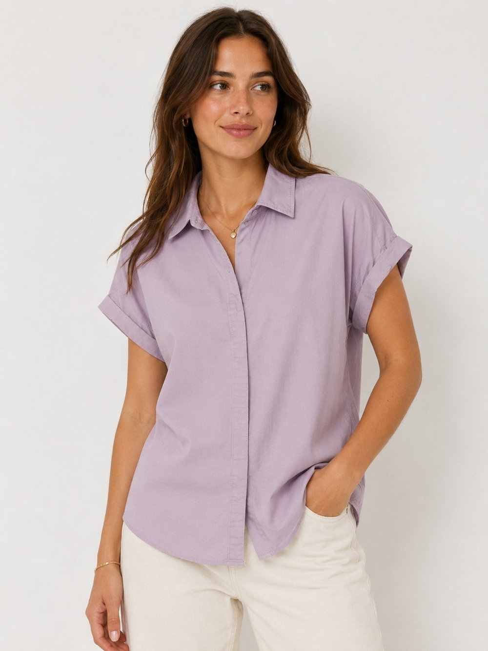 Tilley Women's Lavender Purple Short-Sleeve Button Down Shirt - Large
